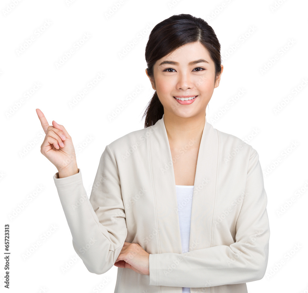Asian woman finger point up Asian woman finger point up