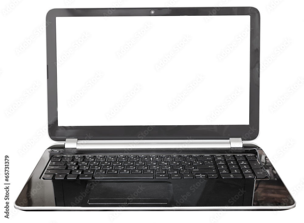 Fototapeta premium full view of black laptop with cut out screen