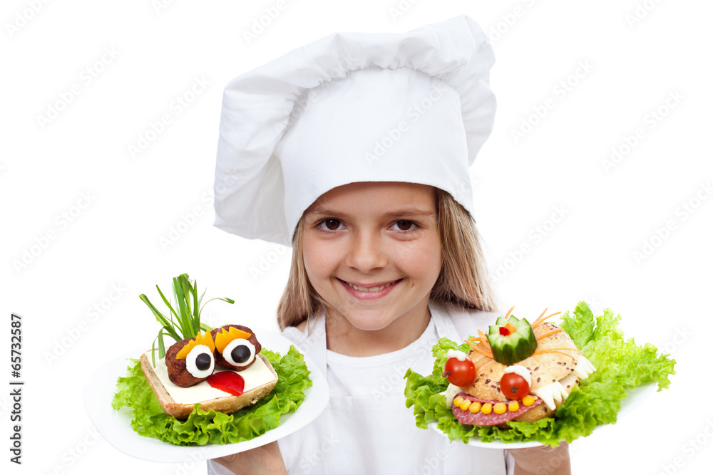 Happy smiling chef kid with creative sanwiches Happy smiling chef kid with creative sanwiches