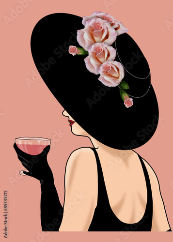 дама в шляпе с бокалом вина