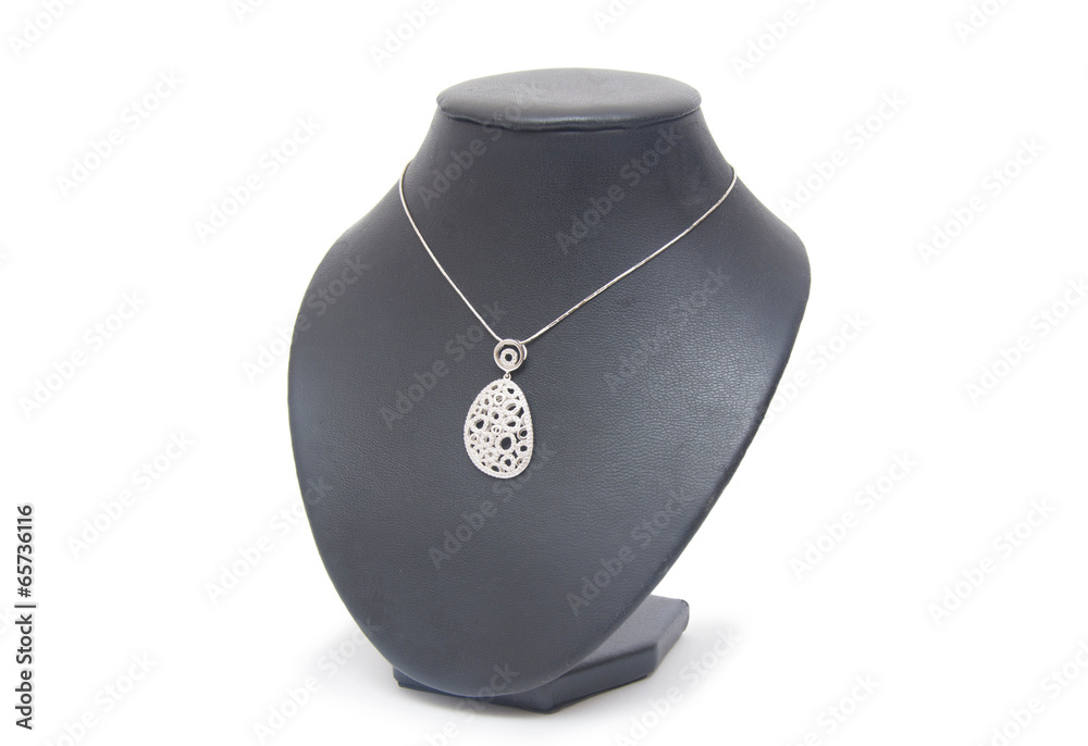 beautiful silver necklace on mannequin isolated on white
