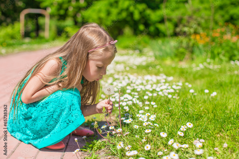 Portrait of adorable little girl blowing a dandelion in the park Portrait of adorable little girl blowing a dandelion in the park