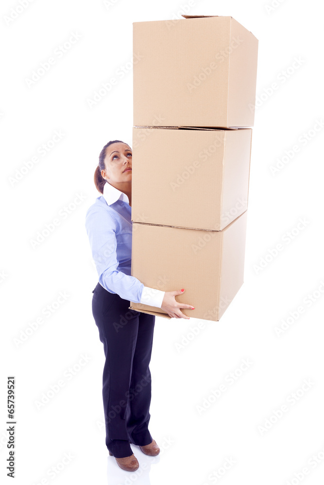 Businesswoman carrying card boxes, isolated on white