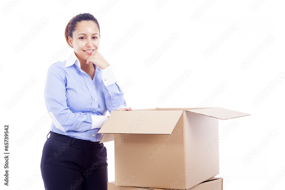 Woman standing with card boxes, isolated on white Woman standing with card boxes, isolated on white
