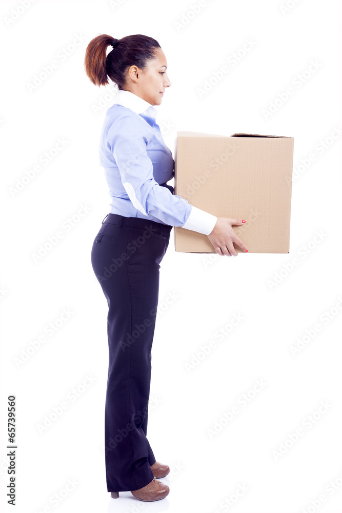 Businesswoman carrying a card box, isolated on white background Businesswoman carrying a card box, isolated on white background