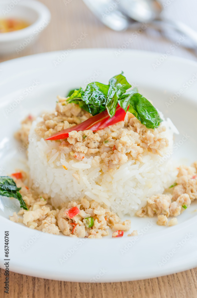 Spicy fried chicken with basil and rice Spicy fried chicken with basil and rice