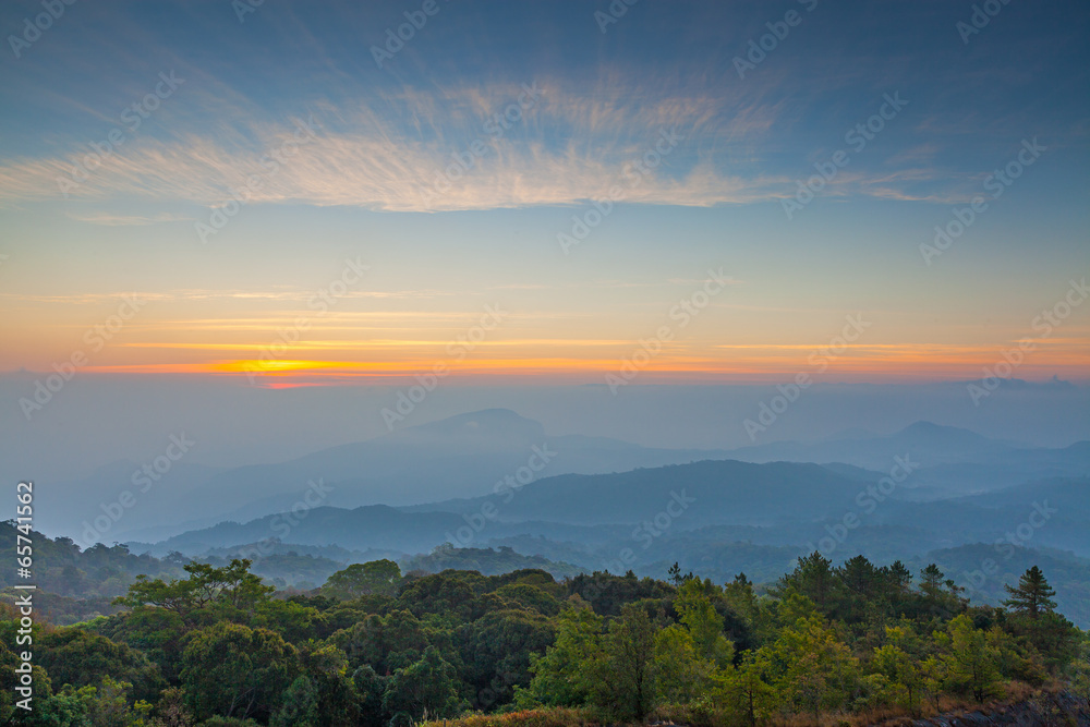 The morning sky and fog on the Tropical Mountain Range,Thailand