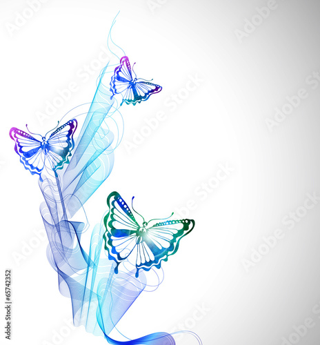 Colorful background with watercolor butterfly and abstract wave