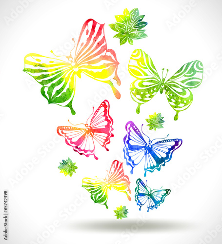 Colorful background with watercolor butterflies and flowers