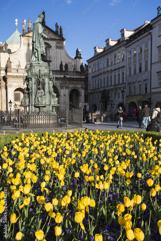 The monument to Charles IV near Charles bridge with tulips