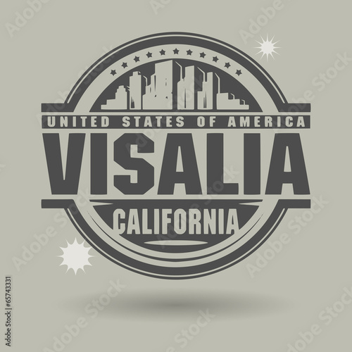 Stamp or label with text Visalia, California inside photo