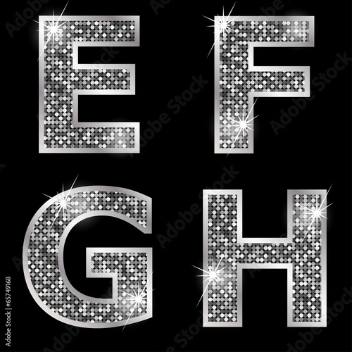 Silver metallic shiny letters E, F, G, H