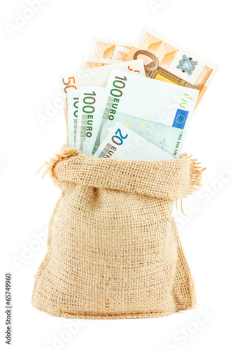 Euro paper money in the linen bag photo