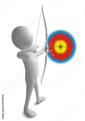 Funny character as an archer holds a sporting bow on a white bac