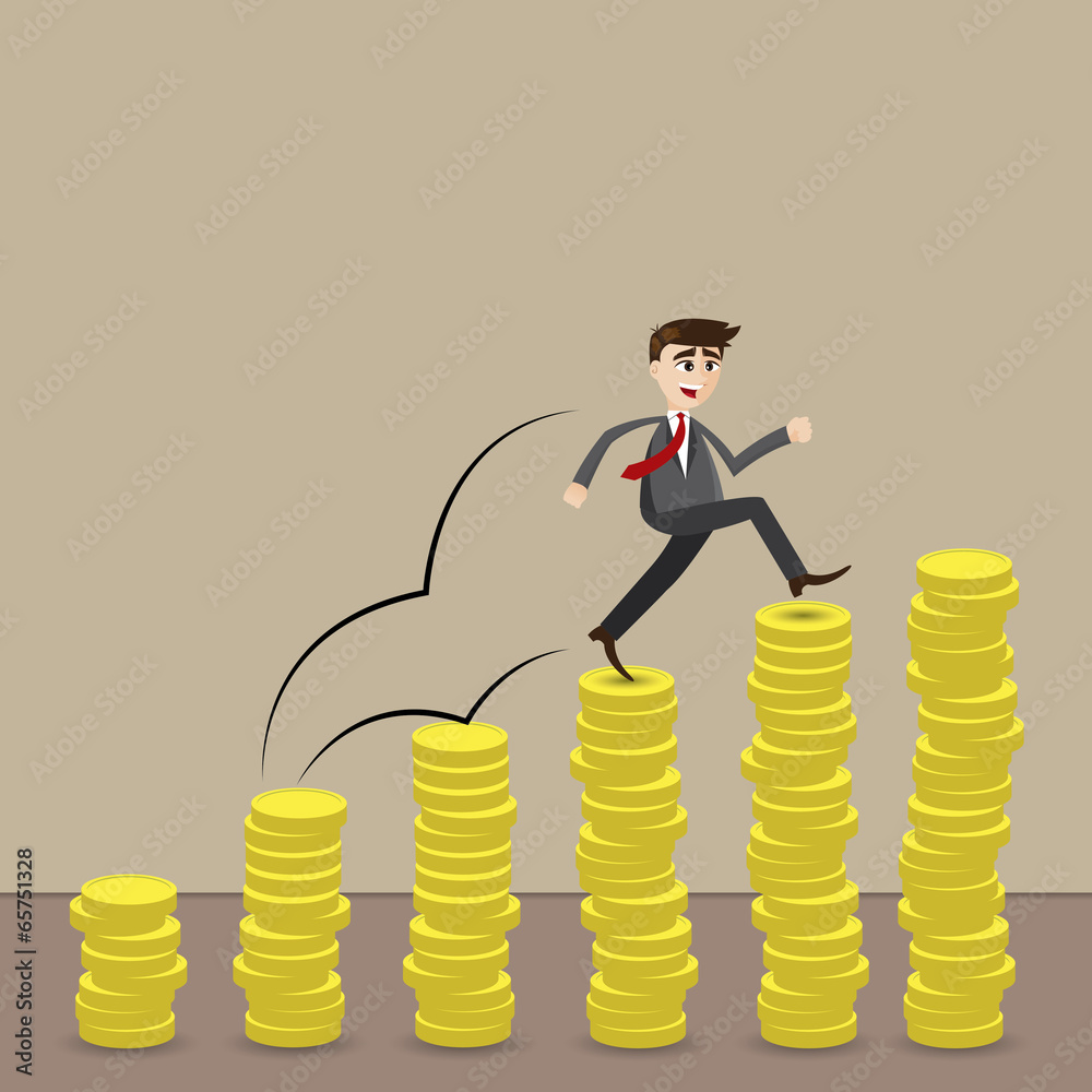 cartoon businessman step on stack of coin cartoon businessman step on stack of coin