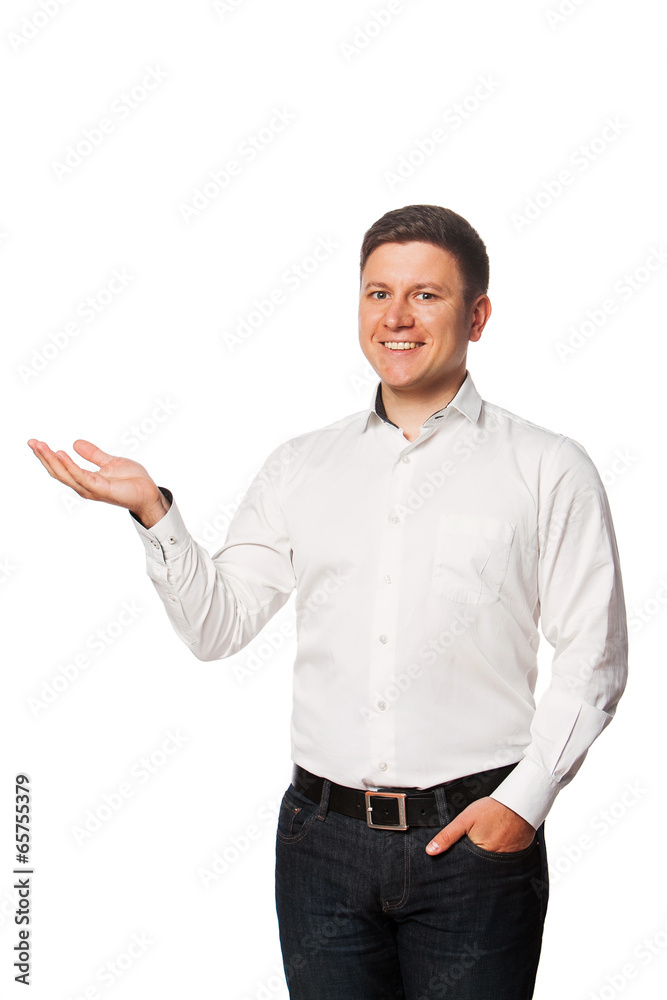 smiling man shows something on palm. isolated smiling man shows something on palm. isolated