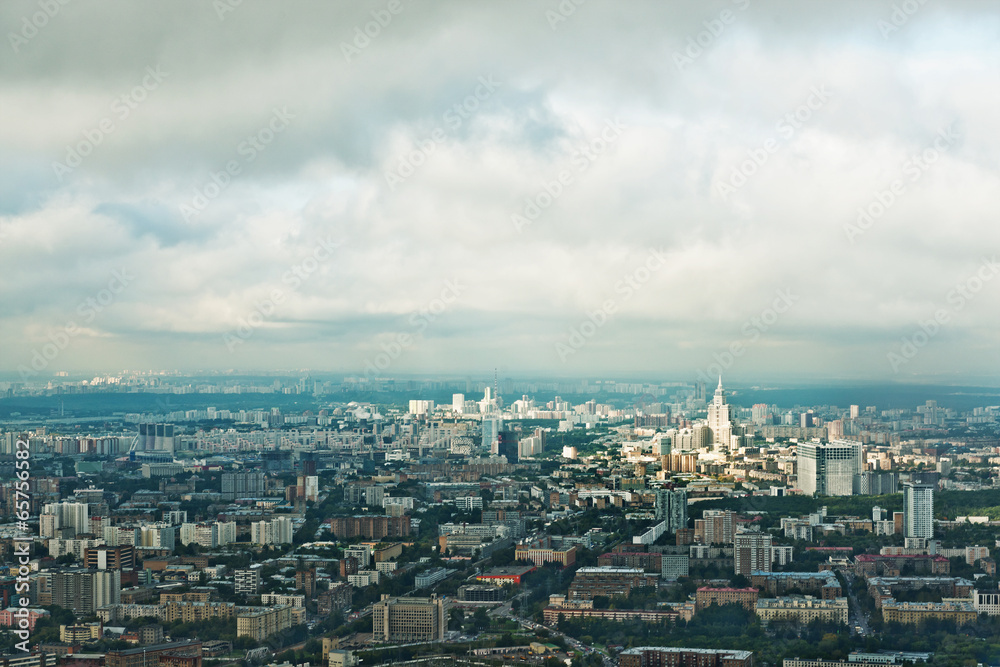 above view Moscow cityscape and blue clouds