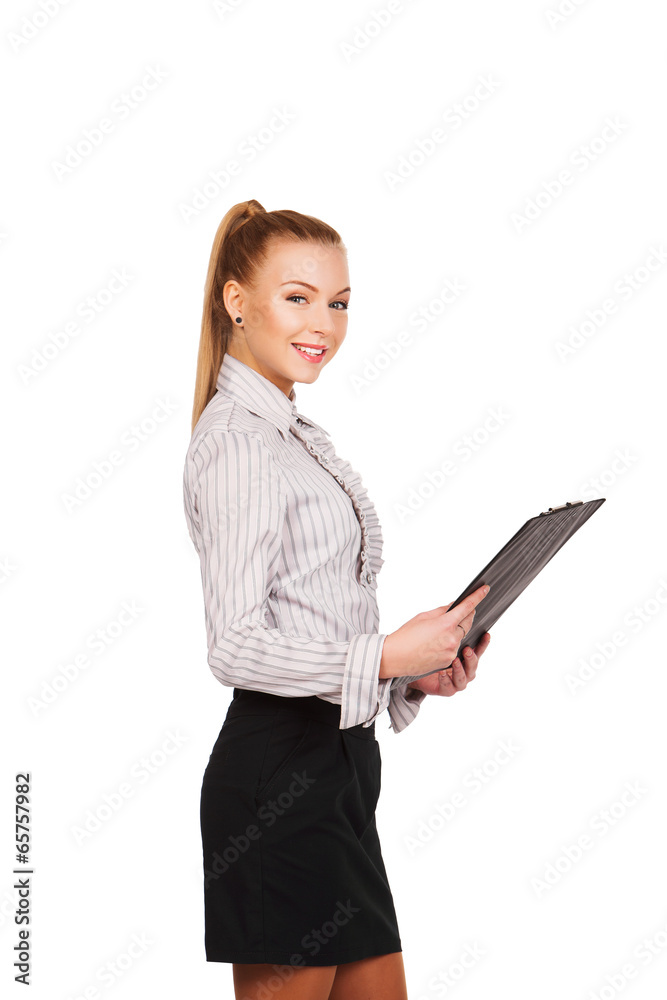 portrait of smiling business woman handing black folder, portrait of smiling business woman handing black folder,