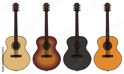 set of four acoustic guitars
