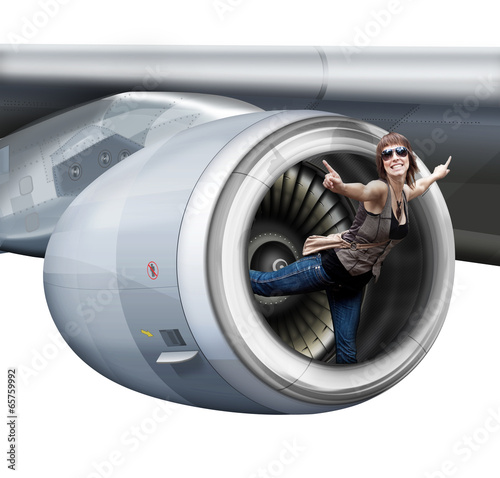 Mädchen, Frau im Flugzeug -  Triebwerk photo