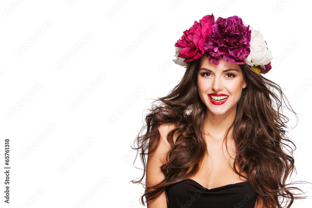 sexy happy model with perfect hairstyle and bright flowers on sexy happy model with perfect hairstyle and bright flowers on