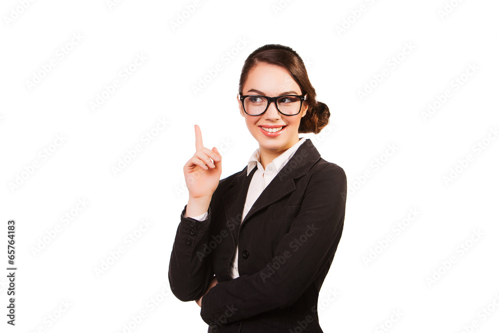 smiling woman wearing glasses pointing up. isolated on white smiling woman wearing glasses pointing up. isolated on white