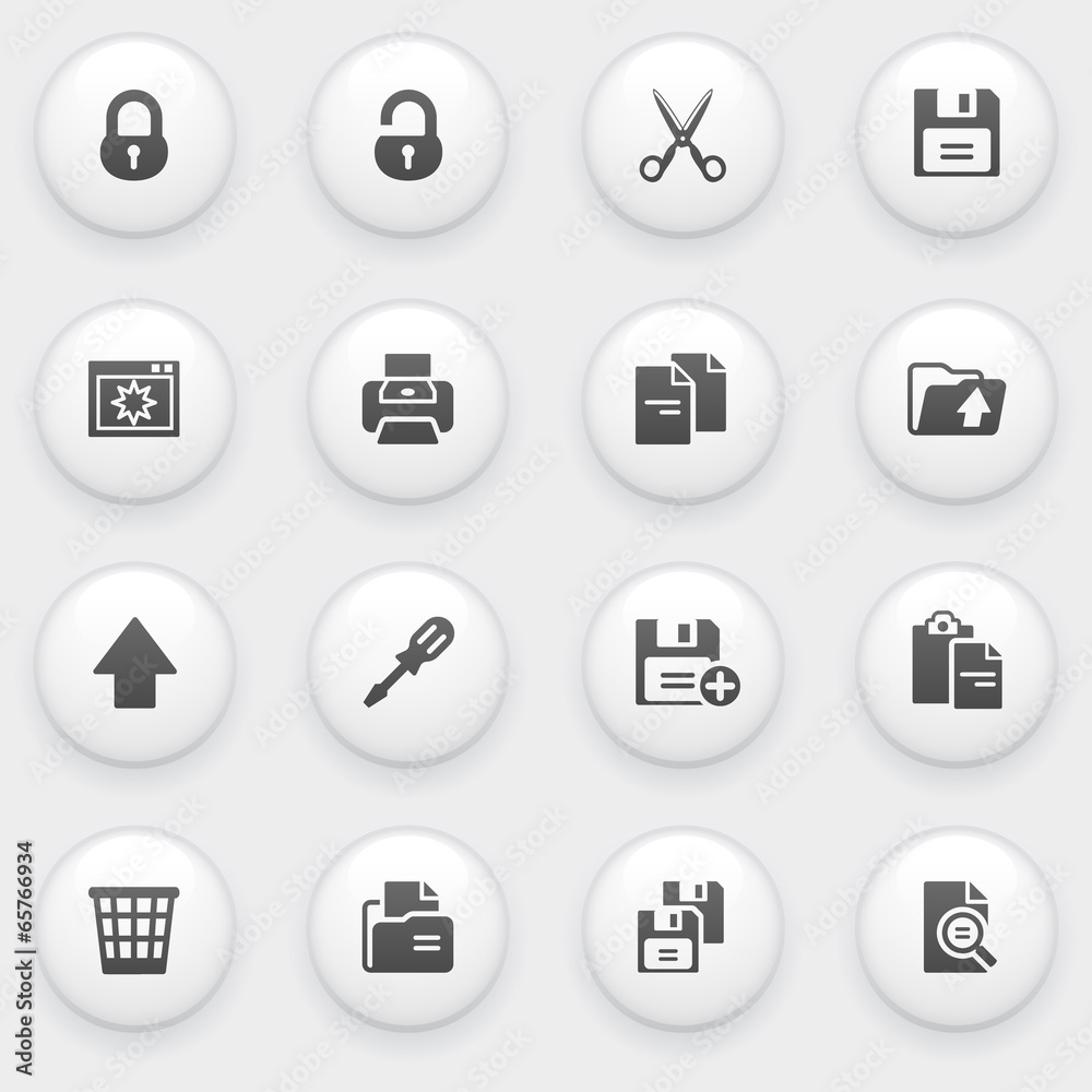 Document icons with white buttons on gray background. Document icons with white buttons on gray background.