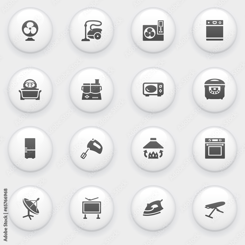Home appliances icons with white buttons on gray background. Home appliances icons with white buttons on gray background.