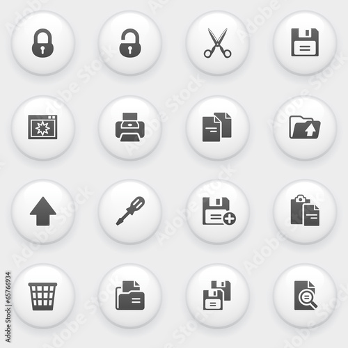 Document icons with white buttons on gray background.