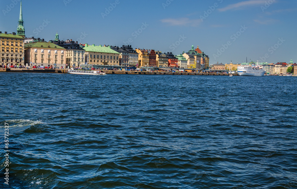 View of houses and the harbor of Stockholm from the sea