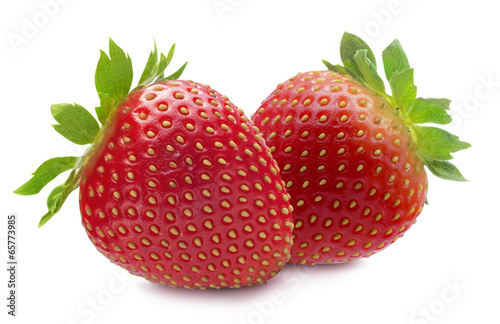 Two red strawberries isolated on white background