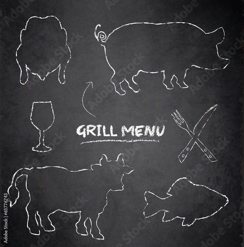 Grill menu pig cow fish chicken blackboard chalkboard vector