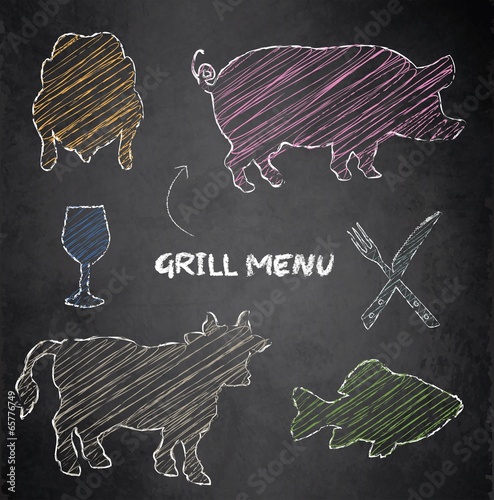 Grill menu pig cow fish chicken blackboard chalkboard