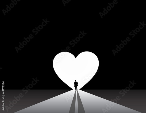 well dressed man silhouette stand front of big love heart door