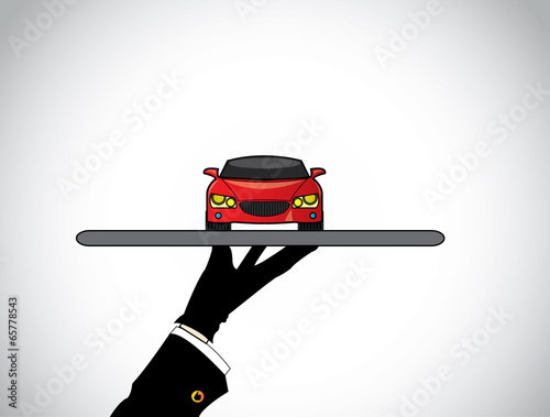 hand silhouette of a dealer agent offering the best red car