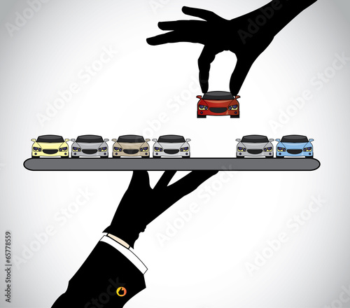 hand silhouette choosing the best red car from car dealer agent