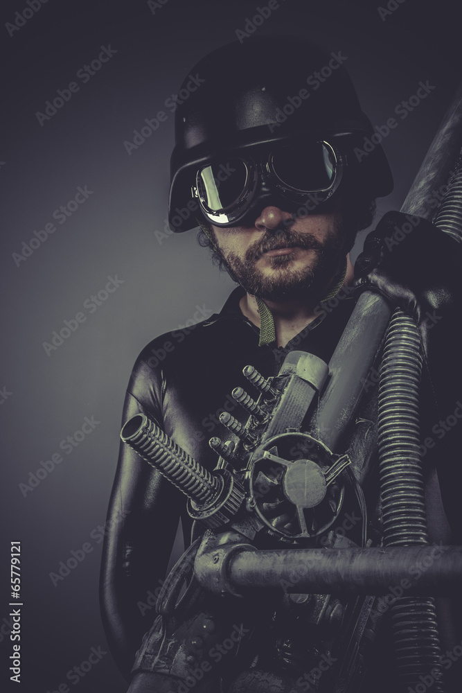 Nuclear army, Future soldier with huge weapon, sci-fi scene Nuclear army, Future soldier with huge weapon, sci-fi scene