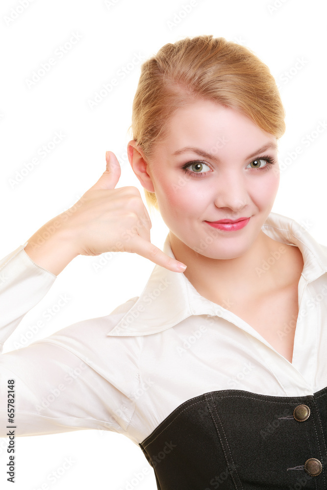 Phone. Businesswoman making call me gesture Phone. Businesswoman making call me gesture