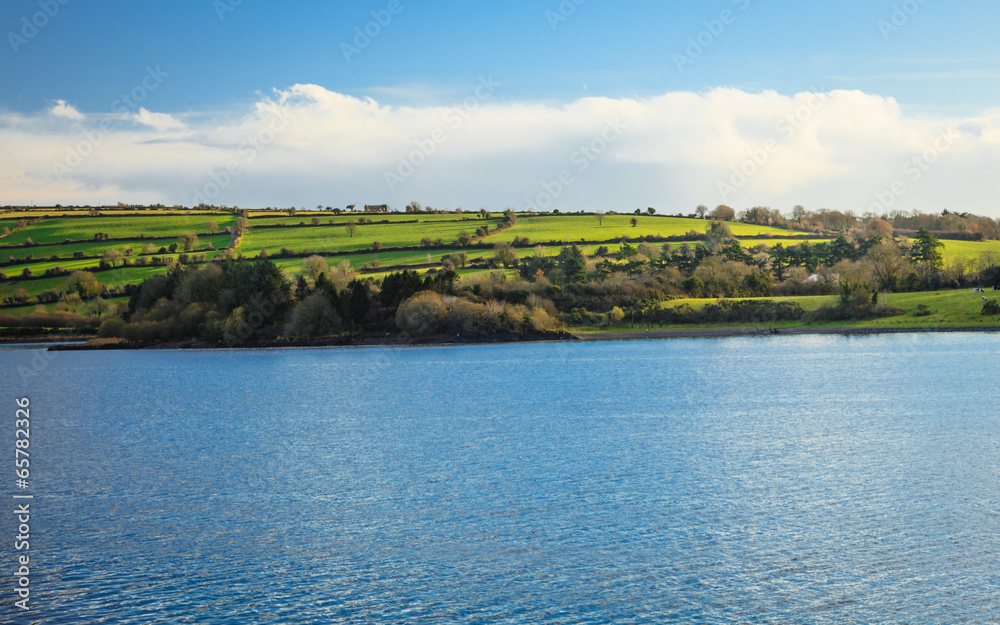irish landscape green meadows at the river Co.Cork, Ireland.