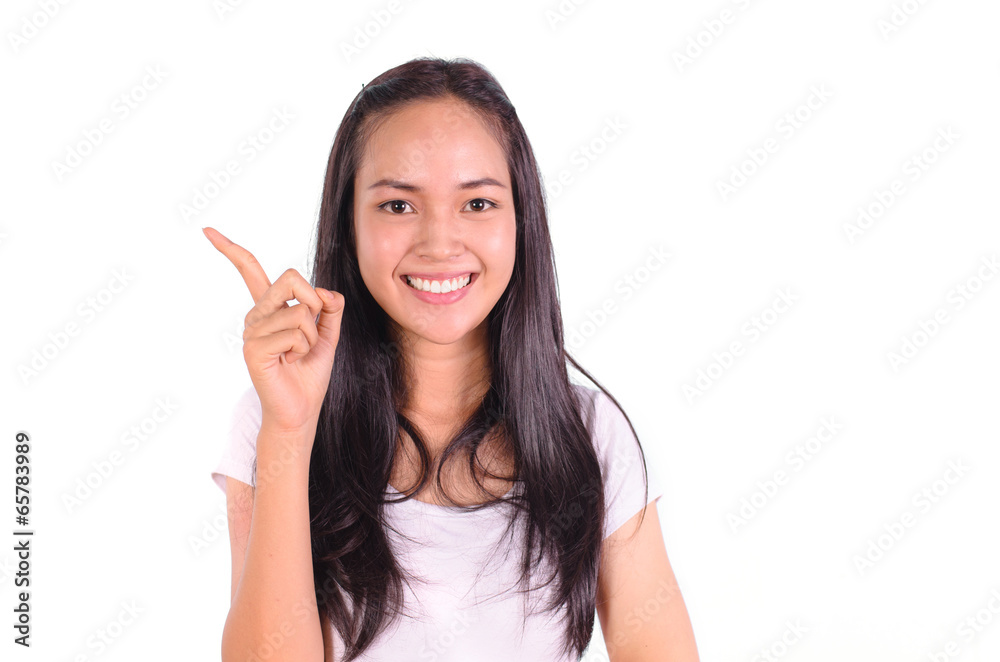 Young girl presenting new product Young girl presenting new product
