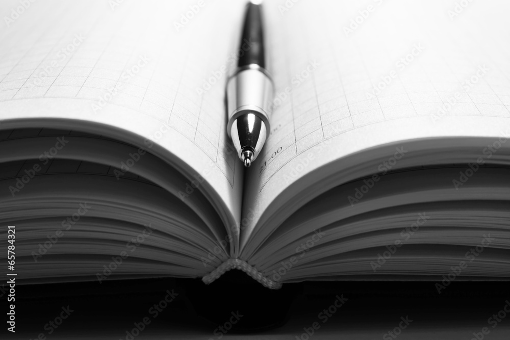 Pen on opened book, close up Pen on opened book, close up
