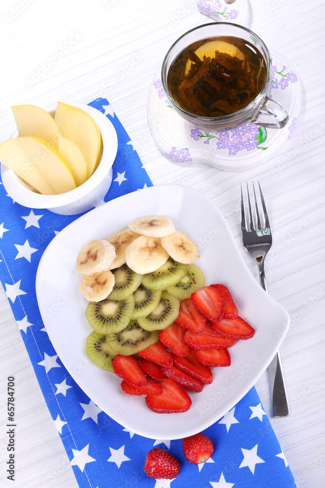 Various sliced fruits on plate on table close-up Various sliced fruits on plate on table close-up