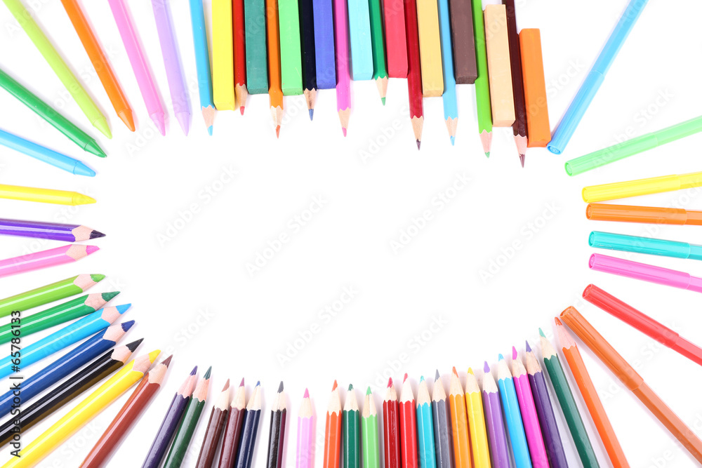 Fototapeta premium Frame with colorful crayons and chalk pastels, isolated