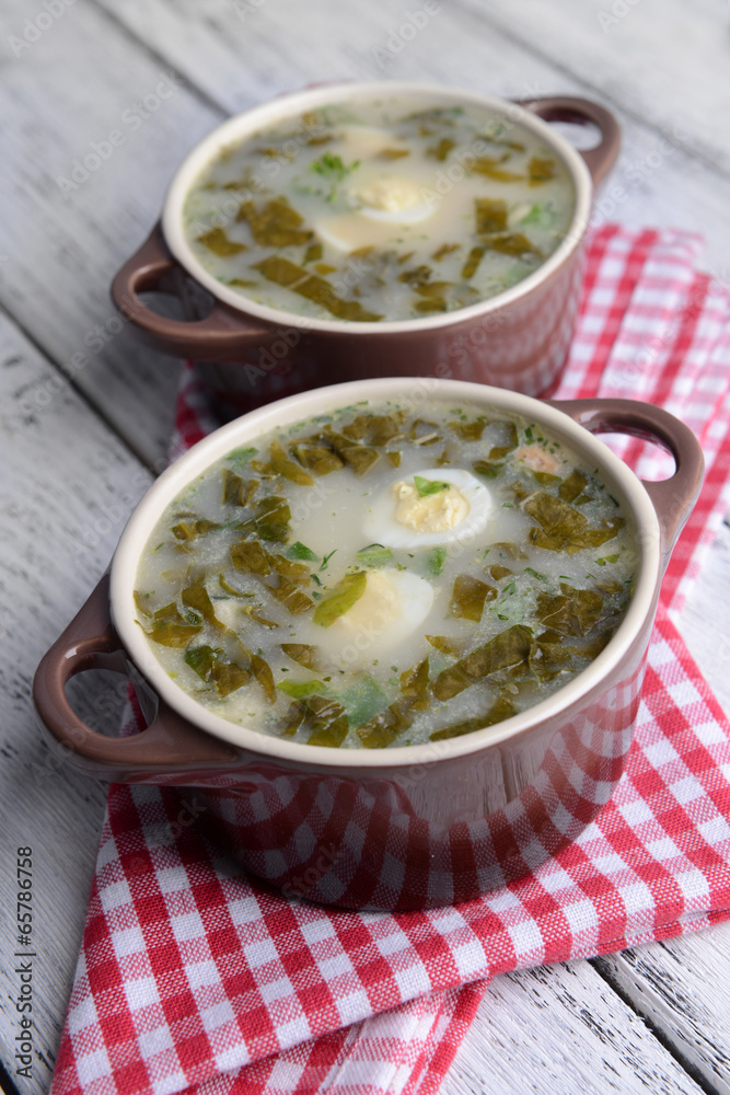 Delicious green soup with sorrel on table close-up Delicious green soup with sorrel on table close-up