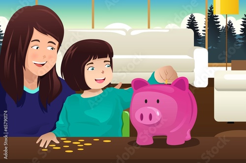 Mother daughter saving money to a piggybank