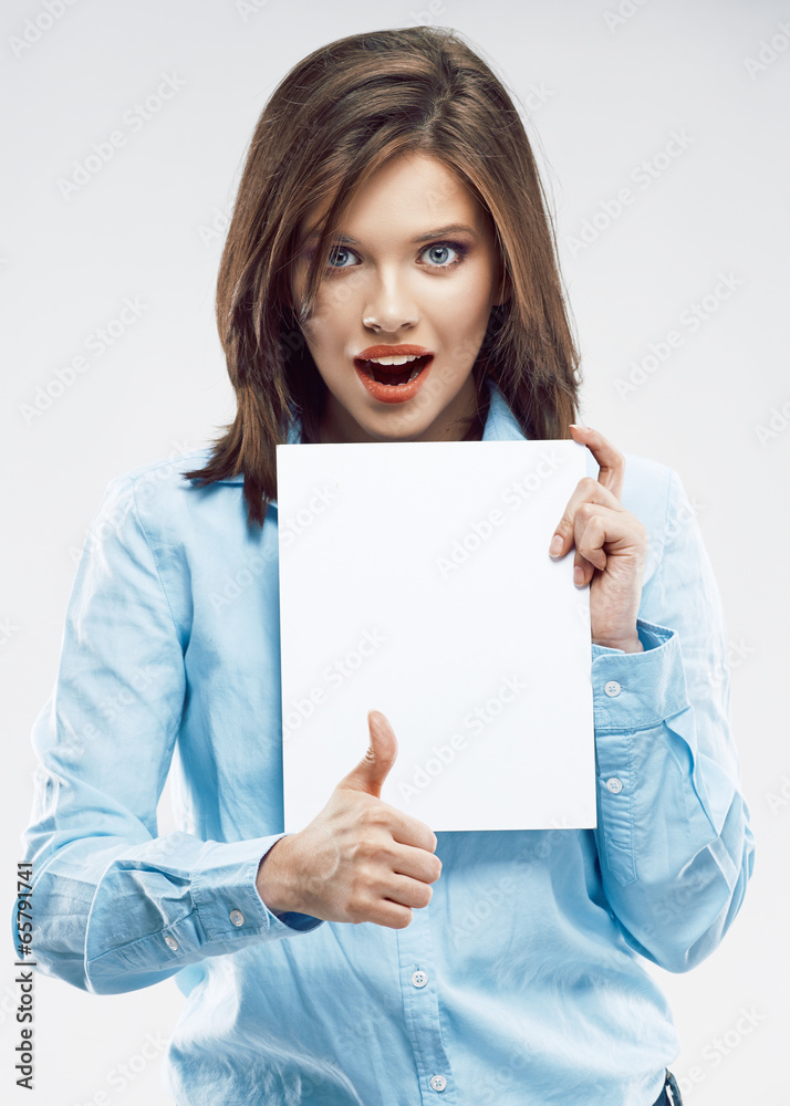Business woman show thumb up. holding white banee Business woman show thumb up. holding white banee