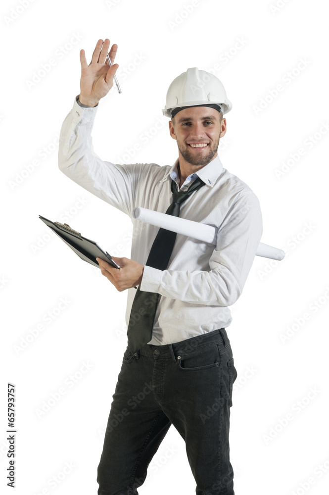 Young friendly construction supervisor with drawing plans Young friendly construction supervisor with drawing plans