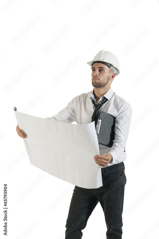 Young handsome contractor with drawing plans isolated on white Young handsome contractor with drawing plans isolated on white