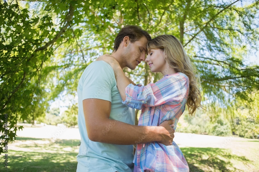 Naklejka premium Cute affectionate couple hugging in the park