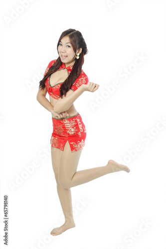 Asian woman dress traditional cheongsam and introduce